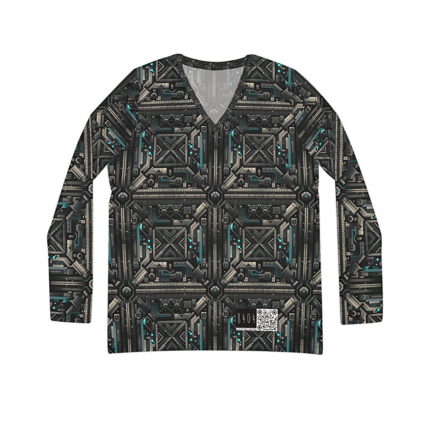 Tech Noir Futuristic Tech Aesthetic with a Dark Twist Women's Long Sleeve V-neck Shirt - 8404 Design-59