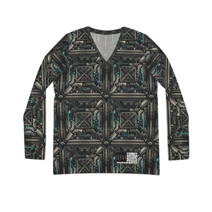 Tech Noir Futuristic Tech Aesthetic with a Dark Twist Women's Long Sleeve V-neck Shirt - 8404 Design-59