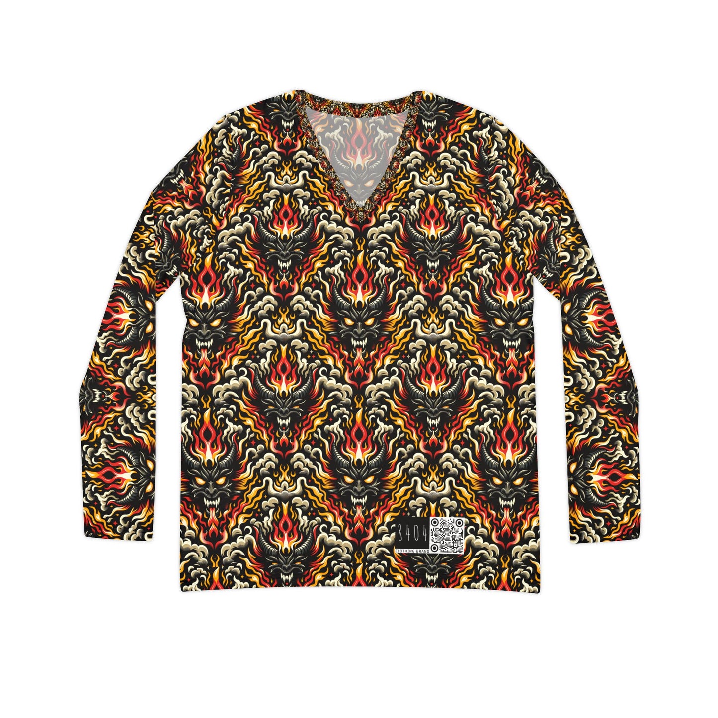 Flame Graphics Maximalist Streetwear Women's Long Sleeve V-Neck Shirt - 8404 Design-59