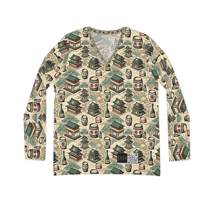 Cultural Artisanal Fusion Contemporary Cultural Elegance Women's Long Sleeve V-Neck Shirt - 8404 Design-68