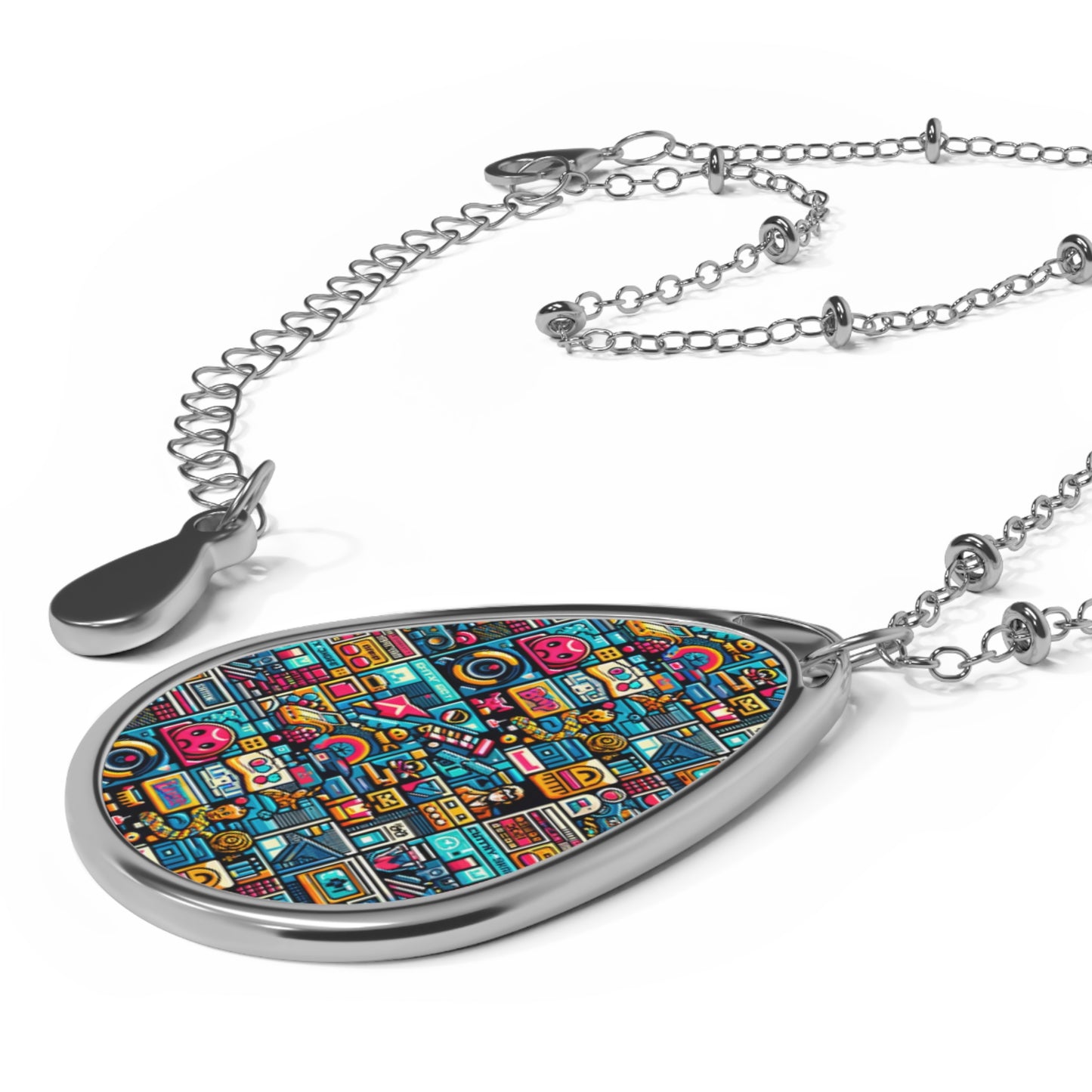 Digital Pop Culture Mashup Maximalist Pop Oval Necklace - 8404 Design-47