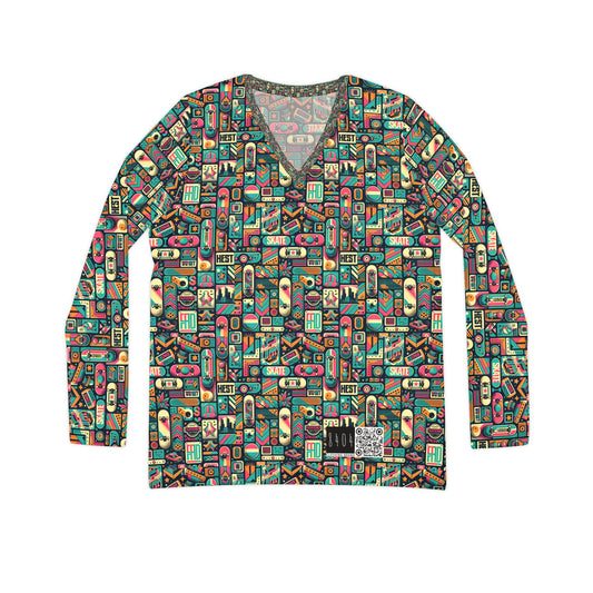 Skate Culture Revival Urban Retro Cool Women's Long Sleeve V-Neck Shirt - 8404 Design-61