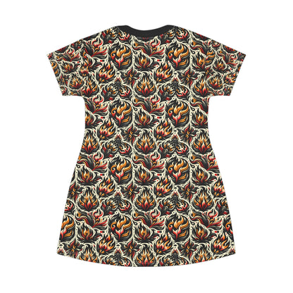 Fire & Flames Bold Streetwear Statement T-Shirt Dress - 8404 Design-57