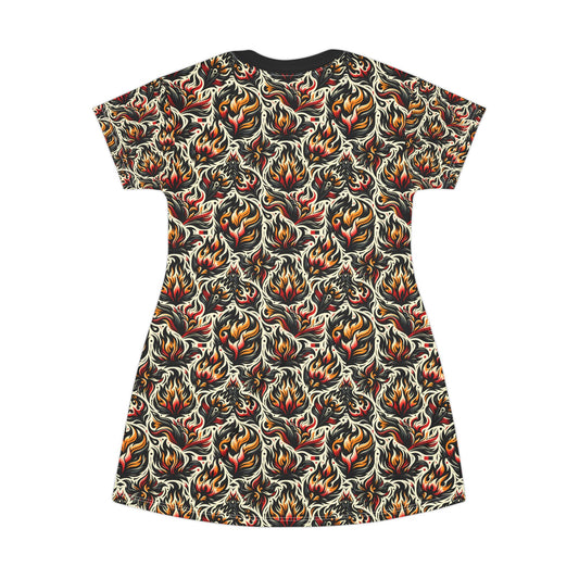 Fire & Flames Bold Streetwear Statement T-Shirt Dress - 8404 Design-57