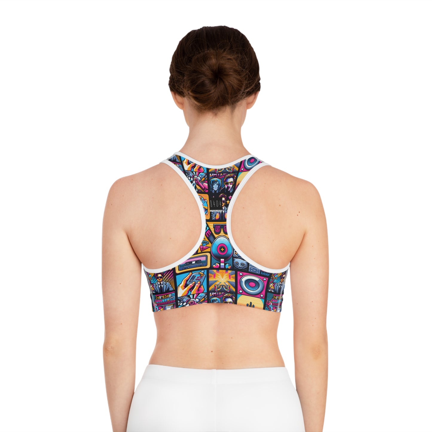 Digital Pop Culture Mashup Maximalist Pop Sports Bra - 8404 Design-52
