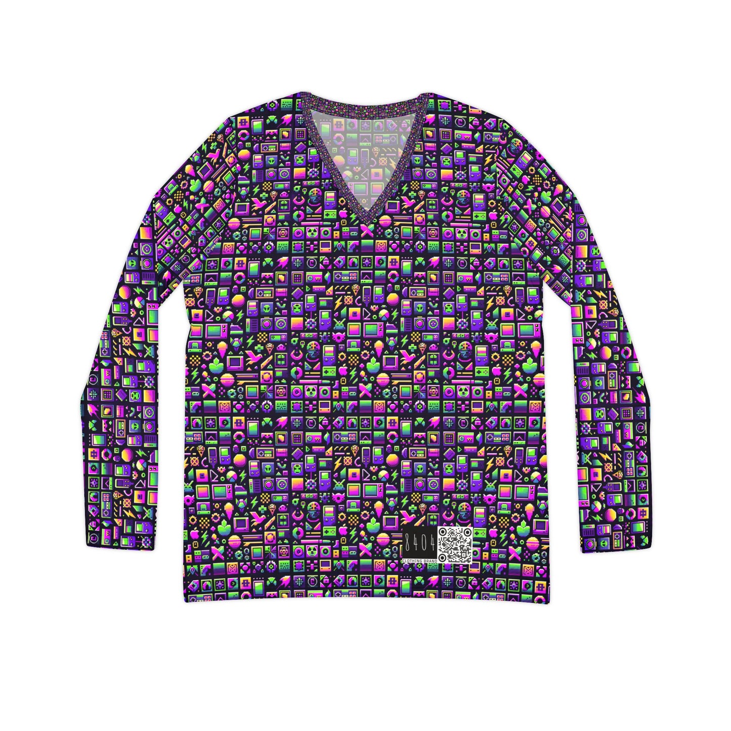 Digital Nostalgia Remix Modern Vintage Fusion Women's Long Sleeve V-Neck Shirt - 8404 Design-49