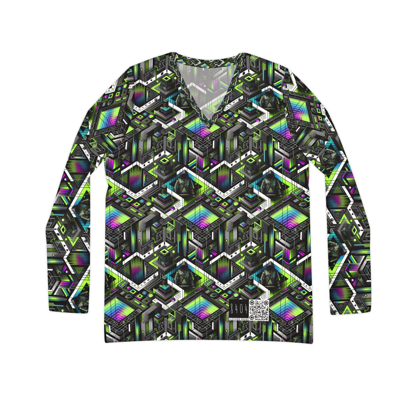 Retro Futurism Graphics Tech-Forward Streetwear Women's Long Sleeve V-Neck Shirt - 8404 Design-52