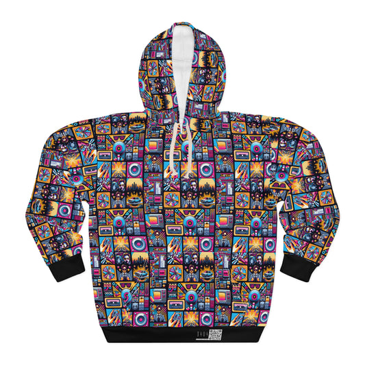 Digital Pop Culture Mashup Maximalist Pop Pullover Hoodie - 8404 Design-52