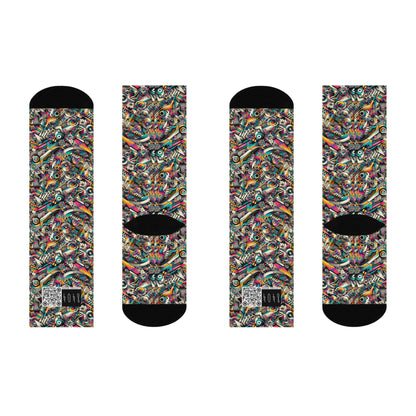 Urban Graffiti Fusion Eclectic Street Art Meets Modern Tech Culture Cushioned Crew Socks - 8404 Design-55