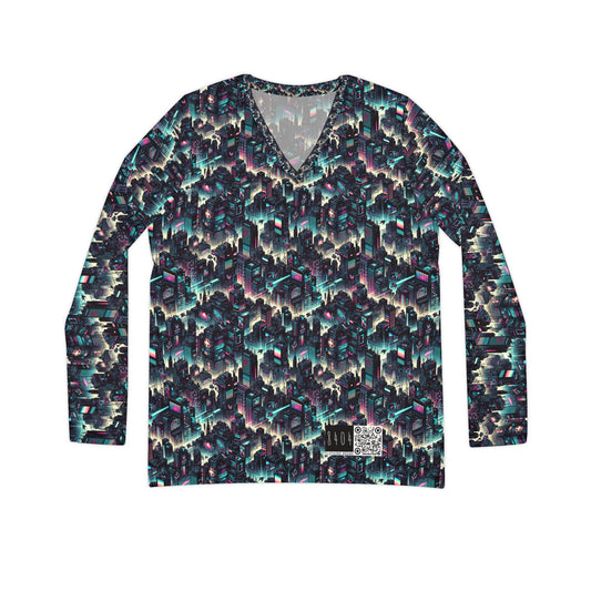 Digital Rebellion Tech-Inspired Streetwear Women's Long Sleeve V-Neck Shirt - 8404 Design-51