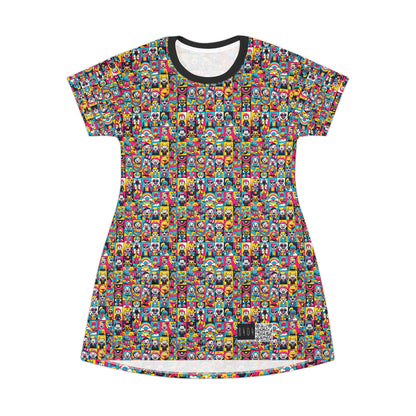 Neon Pop Playful Pop Culture Mashup T-Shirt Dress - 8404 Design-60