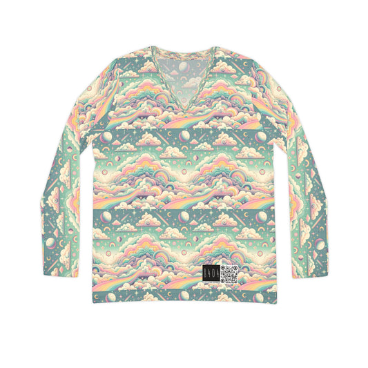 Digital Dreamland Whimsical and Nostalgic Streetwear With a Digital Twist Women's Long Sleeve V-Neck Shirt - 8404 Design-65