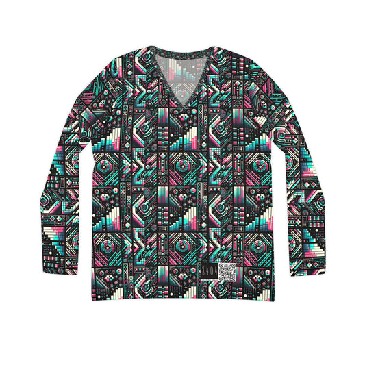 Digital Artistry Digital-native Streetwear Women's Long Sleeve V-neck Shirt - 8404 Design-60
