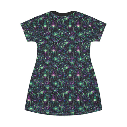 Tech Noir Aesthetics Tech-Forward Urban Dystopia T-Shirt Dress - 8404 Design-43