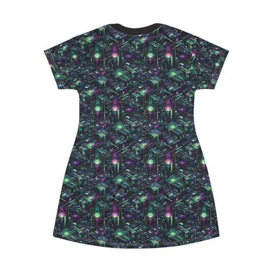 Tech Noir Aesthetics Tech-Forward Urban Dystopia T-Shirt Dress - 8404 Design-43