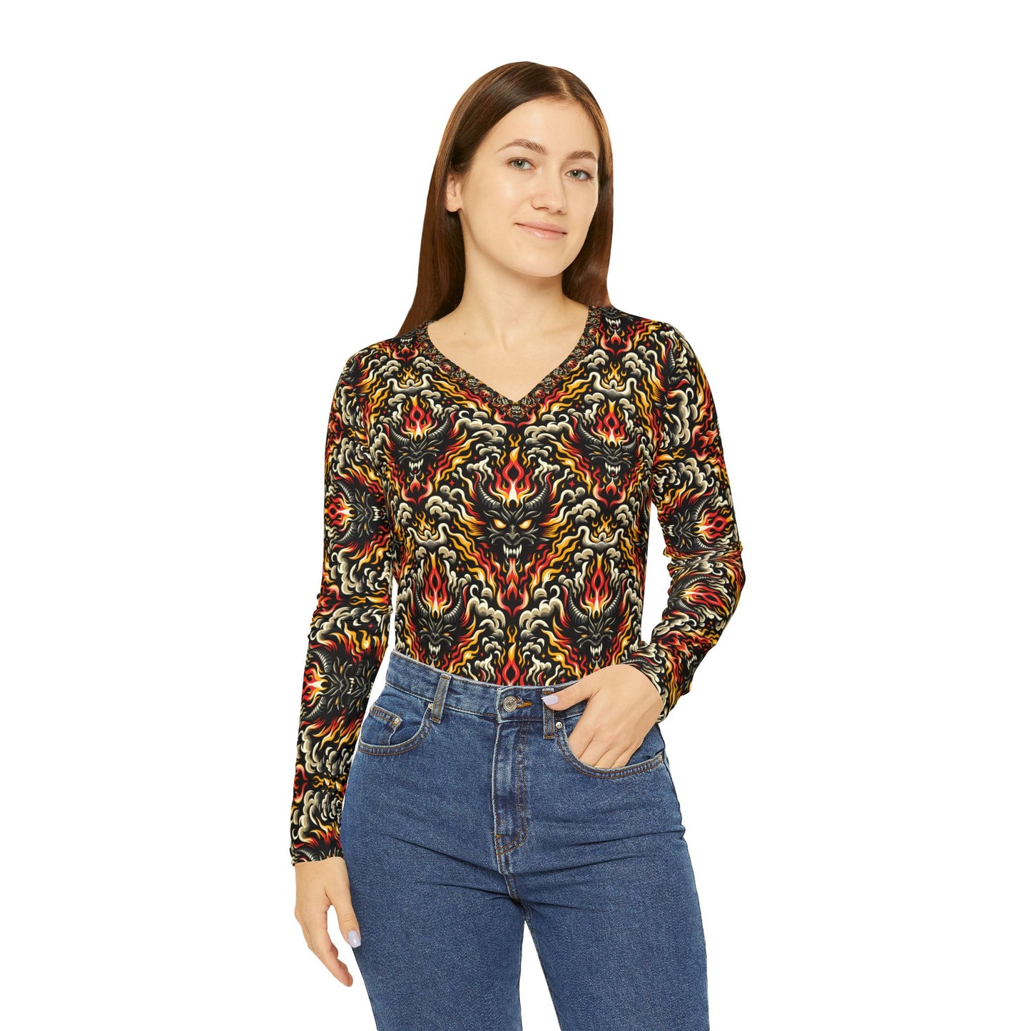 Flame Graphics Maximalist Streetwear Women's Long Sleeve V-Neck Shirt - 8404 Design-59