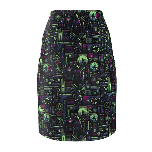 Tech Noir Futuristic Cyberpunk Women's Pencil Skirt - 8404 Design-63