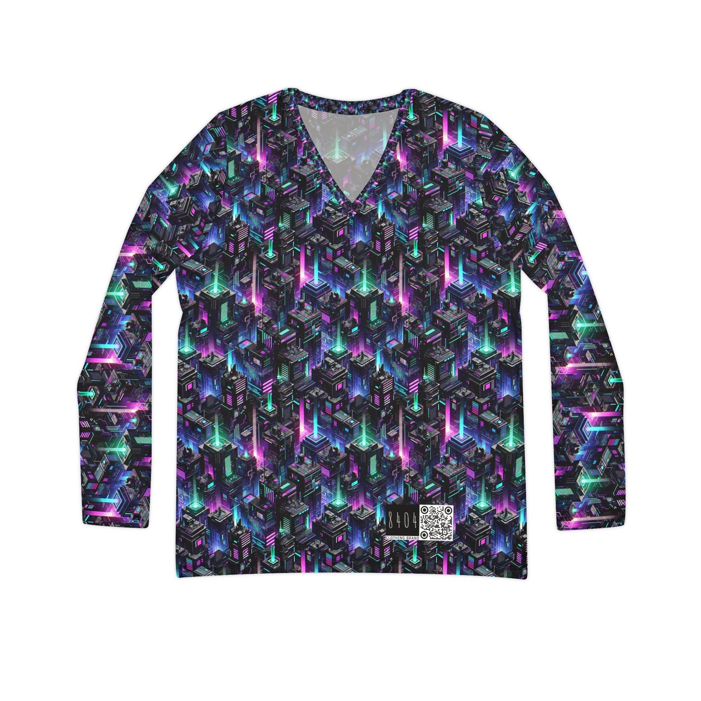 Tech Noir Graphics Futuristic Tech Aesthetics Women's Long Sleeve V-Neck Shirt - 8404 Design-55