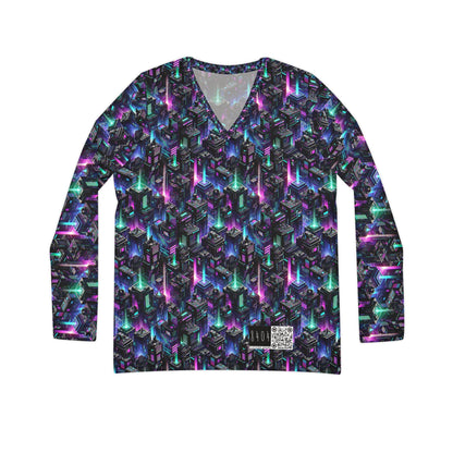 Tech Noir Graphics Futuristic Tech Aesthetics Women's Long Sleeve V-Neck Shirt - 8404 Design-55