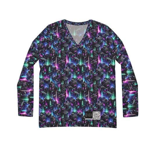 Tech Noir Graphics Futuristic Tech Aesthetics Women's Long Sleeve V-Neck Shirt - 8404 Design-55