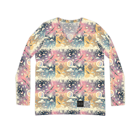 Digital Dreamland Whimsical and Nostalgic Streetwear With a Digital Twist Women's Long Sleeve V-Neck Shirt - 8404 Design-69