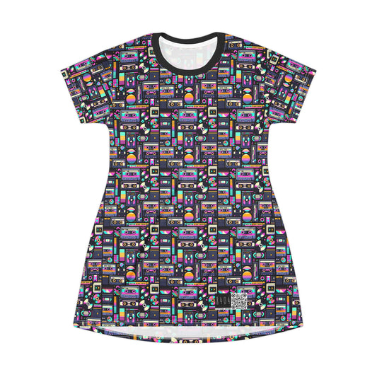 Digital Nostalgia Tech-Inspired Retro Fusion T-Shirt Dress - 8404 Design-48