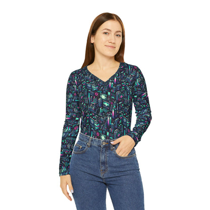 Digital Rebellion Tech-Inspired Streetwear Women's Long Sleeve V-Neck Shirt - 8404 Design-58