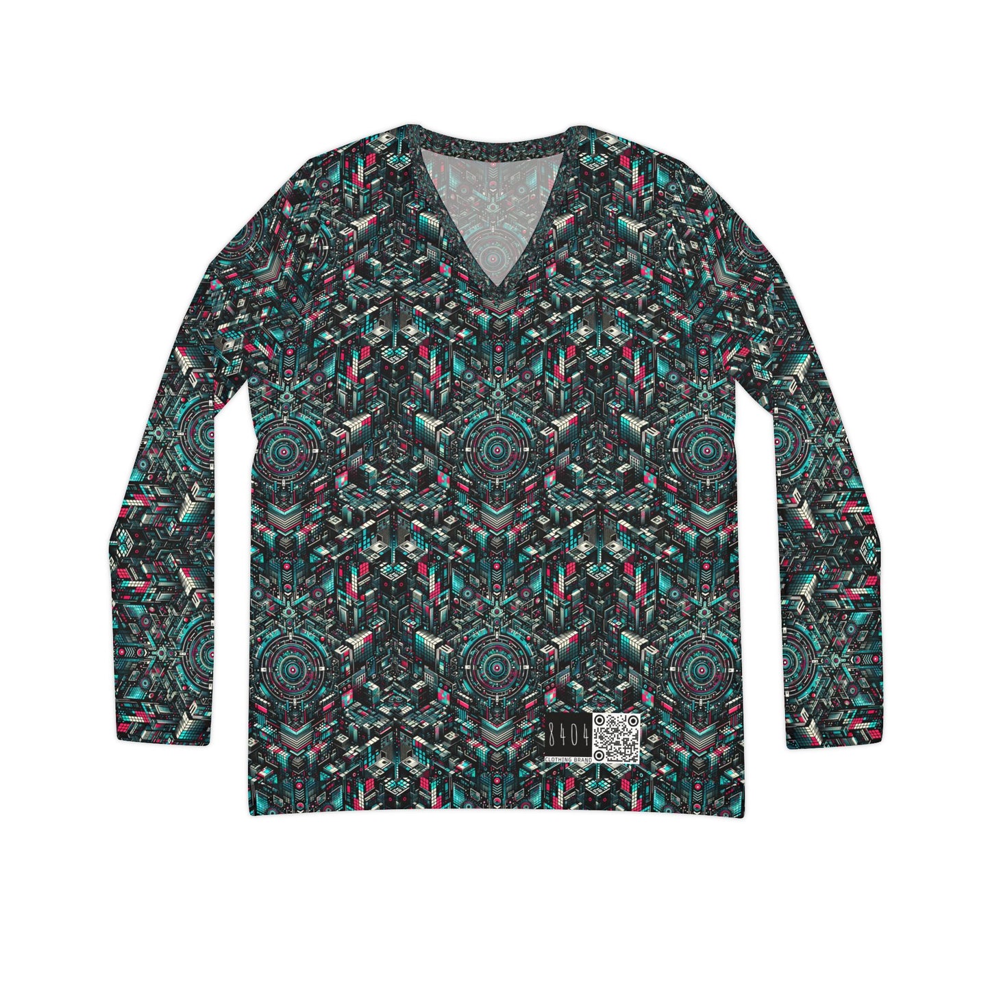 Digital Rebellion Tech-Inspired Streetwear Women's Long Sleeve V-Neck Shirt - 8404 Design-54