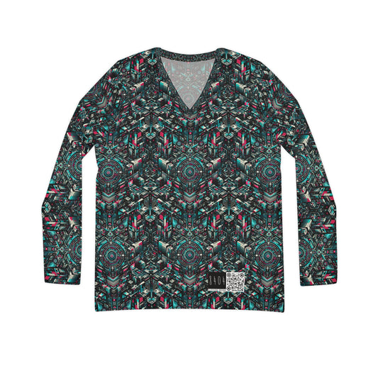 Digital Rebellion Tech-Inspired Streetwear Women's Long Sleeve V-Neck Shirt - 8404 Design-54