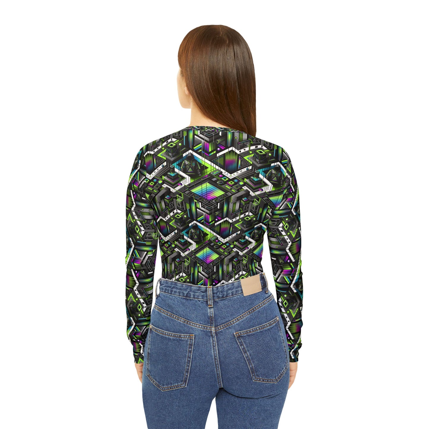 Retro Futurism Graphics Tech-Forward Streetwear Women's Long Sleeve V-Neck Shirt - 8404 Design-52
