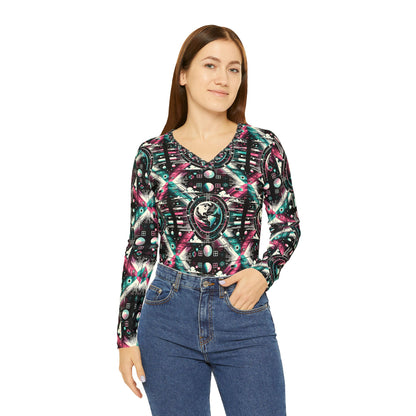 Digital Artistry Digital-native Streetwear Women's Long Sleeve V-neck Shirt - 8404 Design-62