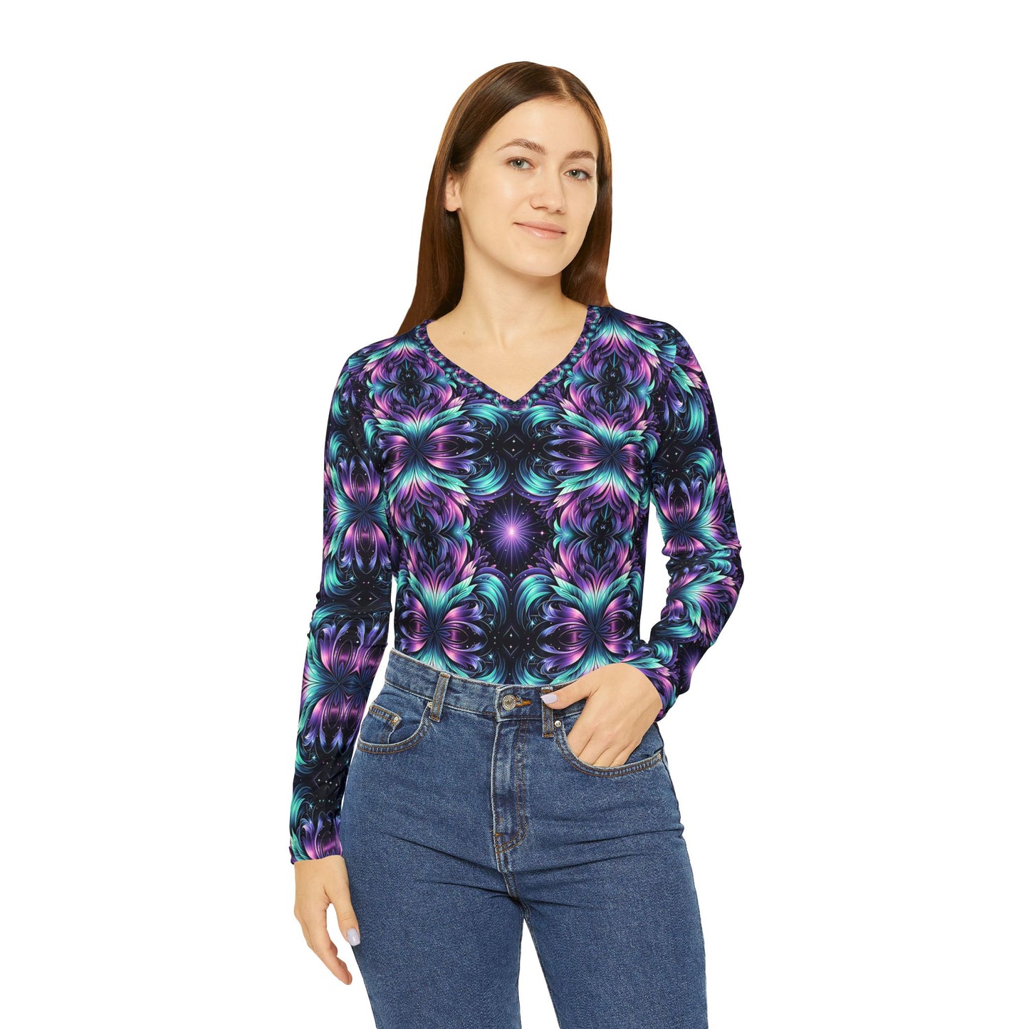 Iridescent Dream Futuristic Tech Women's Long Sleeve V-Neck Shirt - 8404 Design-60