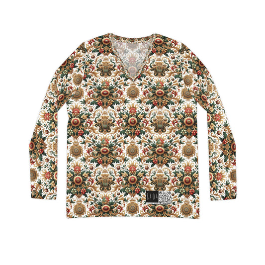 Monogram Madness Luxurious Streetwear Women's Long Sleeve V-Neck Shirt - 8404 Design-68