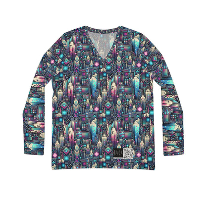 Digital Renaissance Tech-Forward Maximalism Women's Long Sleeve V-Neck Shirt - 8404 Design-56