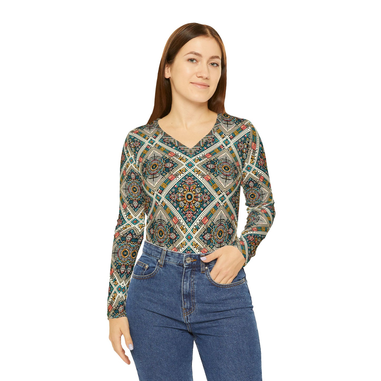 Cultural Fusion Tech Blend of Cultural Heritage With Tech-Inspired Elements Women's Long Sleeve V-Neck Shirt - 8404 Design-64