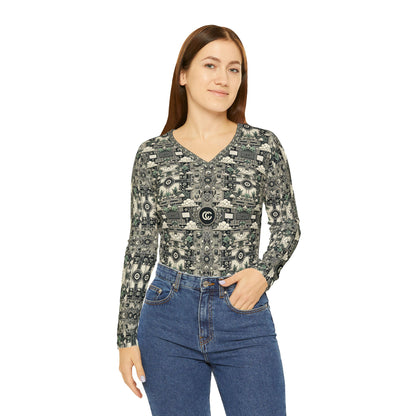 Cyber Garden Party Tech Garden Extravaganza Women's Long Sleeve V-Neck Shirt - 8404 Design-54