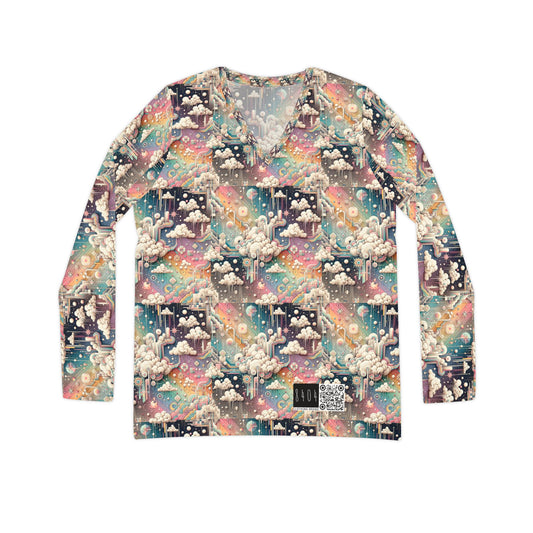 Digital Dreamland Whimsical and Nostalgic Streetwear With a Digital Twist Women's Long Sleeve V-Neck Shirt - 8404 Design-52
