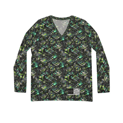 Tech-Infused Graphics Tech-Forward Streetwear Women's Long Sleeve V-Neck Shirt - 8404 Design-47