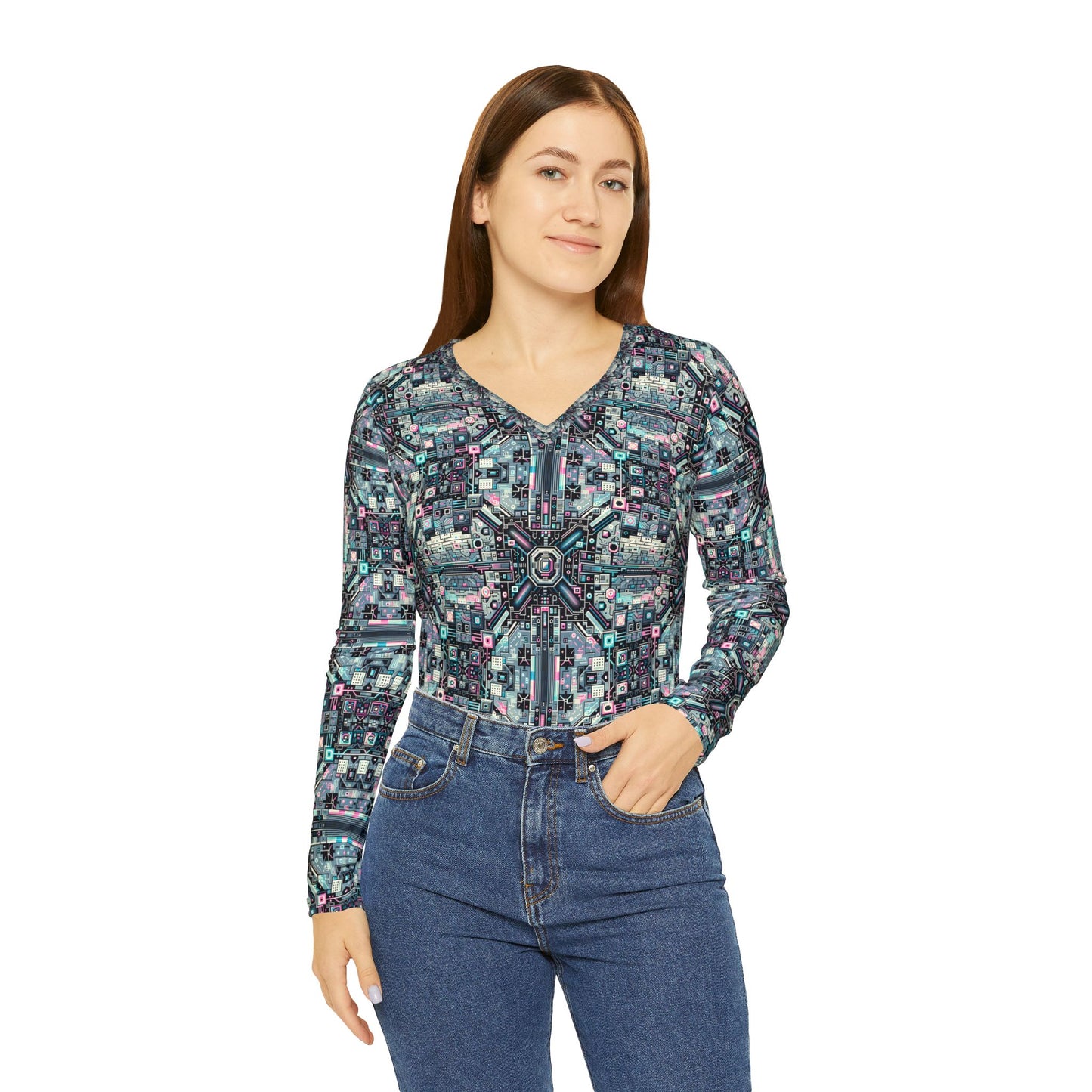 Digital Renaissance Tech-Forward Maximalism Women's Long Sleeve V-Neck Shirt - 8404 Design-44