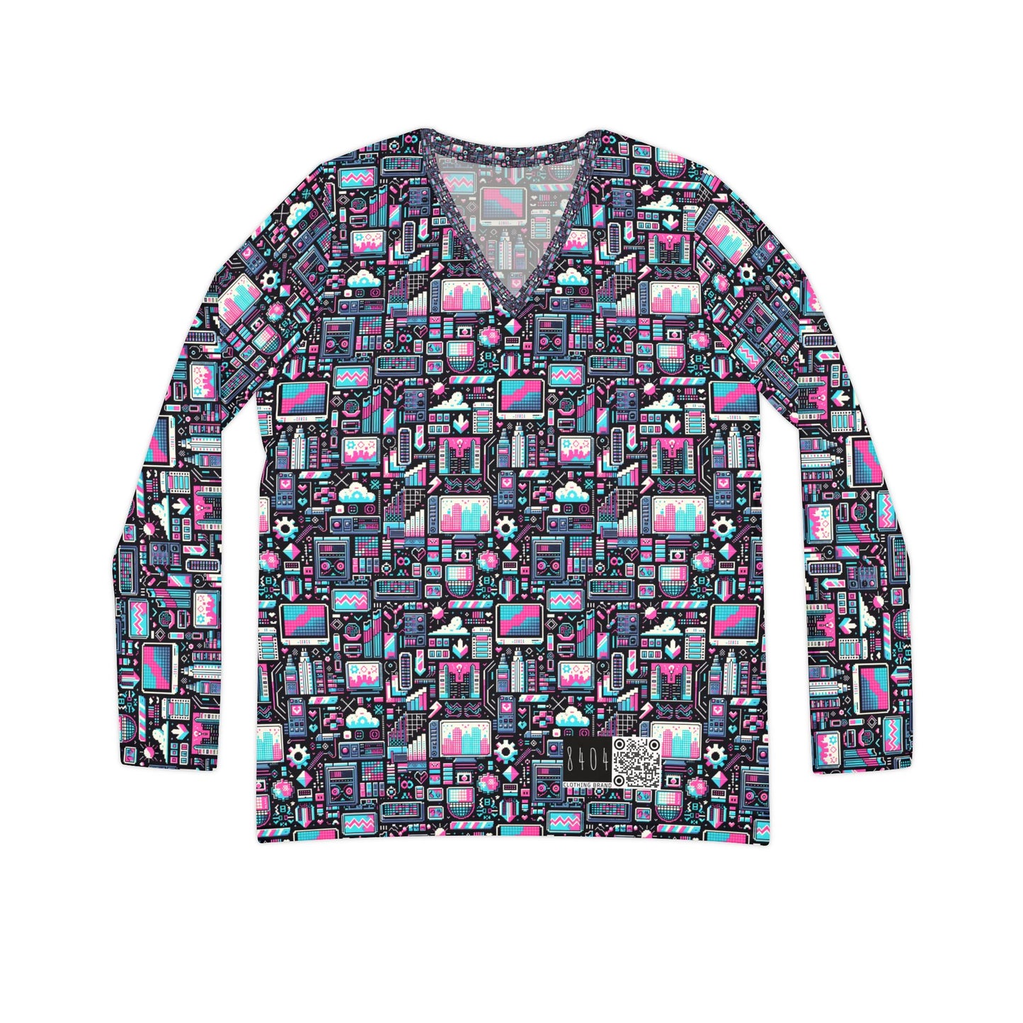 Digital Rebellion Youthful Streetwear with a Rebellious Digital Twist Women's Long Sleeve V-neck Shirt - 8404 Design-71