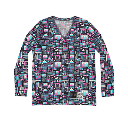 Digital Rebellion Youthful Streetwear with a Rebellious Digital Twist Women's Long Sleeve V-neck Shirt - 8404 Design-71