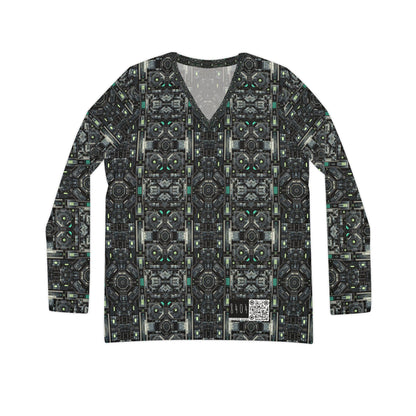 Tech Noir Tech-Forward Minimalism Women's Long Sleeve V-Neck Shirt - 8404 Design-52