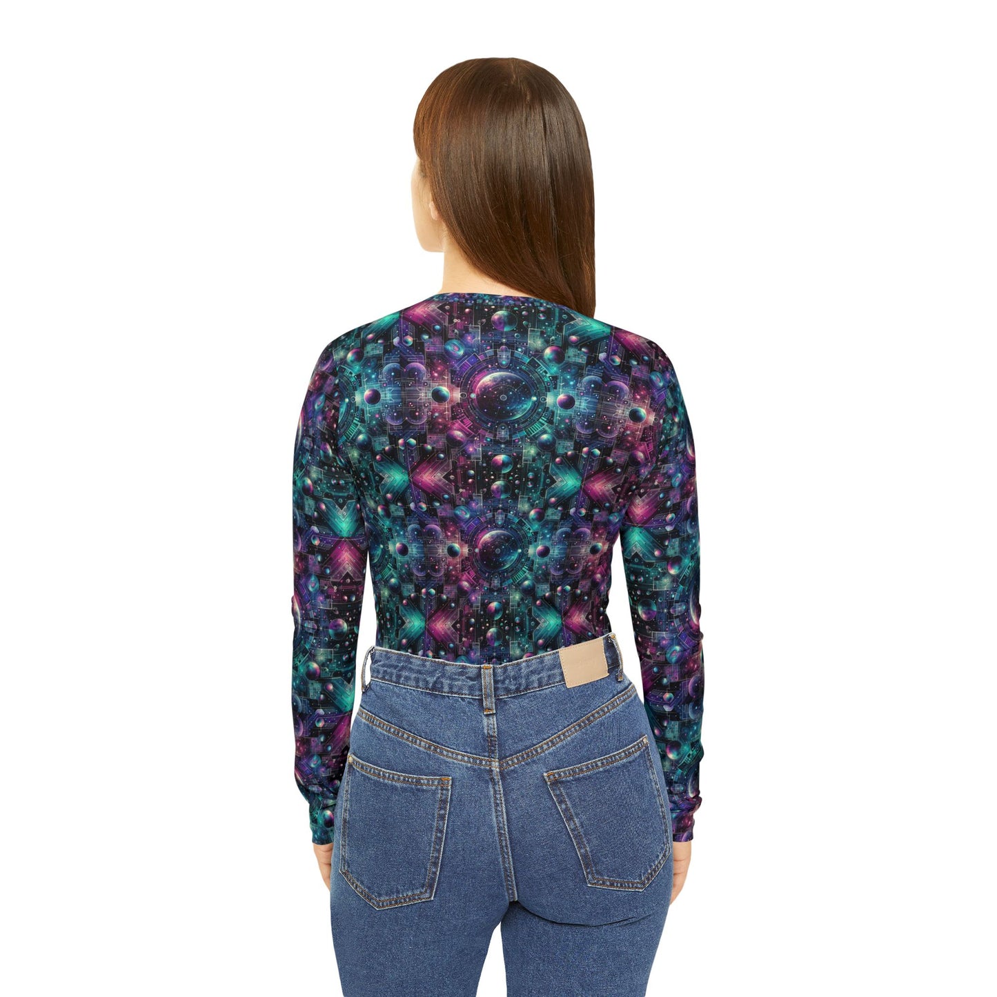 Galactic Hues Tech-Forward Cosmic Fusion Women's Long Sleeve V-Neck Shirt - 8404 Design-59