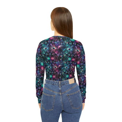 Galactic Hues Tech-Forward Cosmic Fusion Women's Long Sleeve V-Neck Shirt - 8404 Design-59