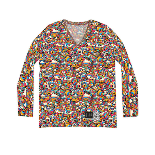Neon Pop Playful Pop Culture Mashup Women's Long Sleeve V-Neck Shirt - 8404 Design-62