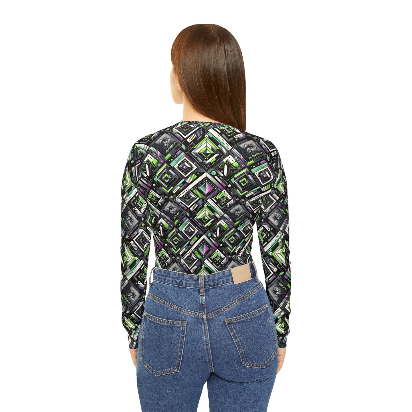 Retro Futurism Graphics Tech-Forward Streetwear Women's Long Sleeve V-Neck Shirt - 8404 Design-48
