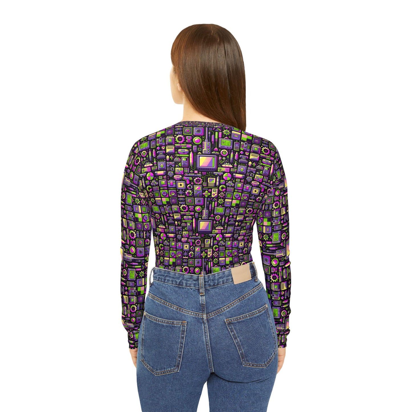 Digital Nostalgia Remix Modern Vintage Fusion Women's Long Sleeve V-Neck Shirt - 8404 Design-67