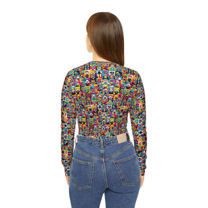 Neon Pop Playful Pop Culture Mashup Women's Long Sleeve V-Neck Shirt - 8404 Design-60