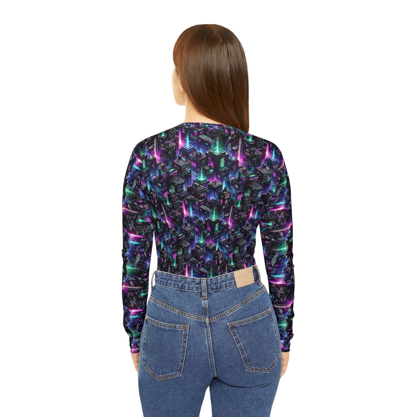 Tech Noir Graphics Futuristic Tech Aesthetics Women's Long Sleeve V-Neck Shirt - 8404 Design-55