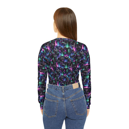 Tech Noir Graphics Futuristic Tech Aesthetics Women's Long Sleeve V-Neck Shirt - 8404 Design-55